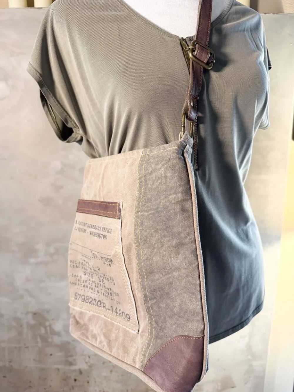 Mona B “Identified” Upcycled Canvas Crossbody Bag Vegan Leather Distressed - Picture 1 of 10
